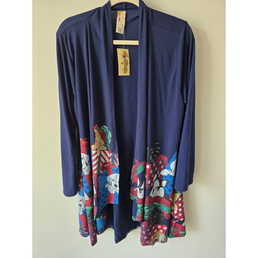 A Walk in the Park Midnight Blue Puppy Presents Holiday Kimono Cardigan XL NEW